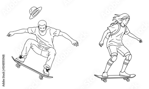 man and woman riding skateboards line drawing