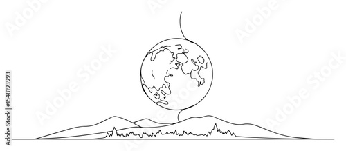 moon rising over mountains line art