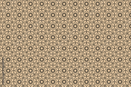 Elegant black geometric pattern with floral shapes seamlessly repeated on light beige background