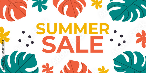 Summer Sale. Banner with monstera leaves, tropical motif, bright colors. Green, red and yellow elements. Vector illustration.