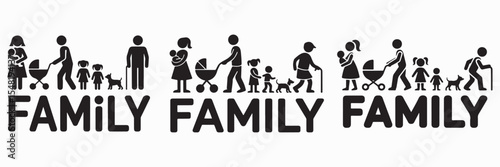 Diverse family representations illustrating generations of family members with pets in monochrome