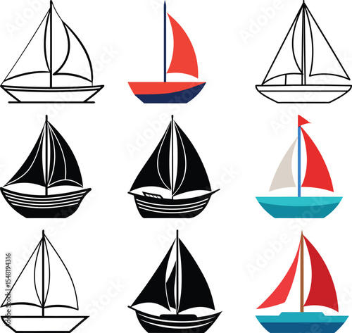 Sailing Vessels Array: A collection of various sailing vessels in diverse styles and colors, ready for use in design and presentation.