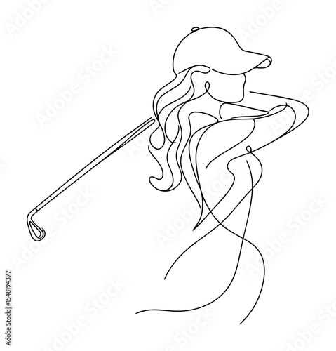female golfer finishing swing continuous line drawing
