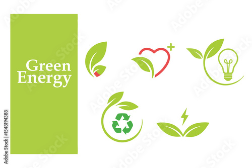 Green eco icons vector set: natural leaf, apple, flower, and tree symbols for organic design and ecology
