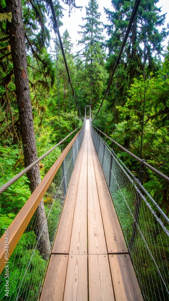 Fototapeta premium Wooden Suspension Bridge in Lush Evergreen Forest