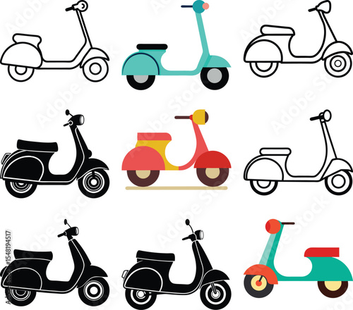 Scooter Collection: A set of nine stylish scooter illustrations in various colors and styles, perfect for design projects or presentations.