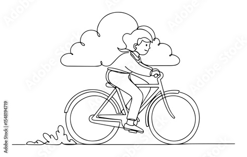 girl riding bicycle with cloud background vector illustration made with thin line