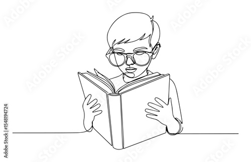 boy reading book with glasses vector illustration made with thin line