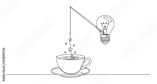 lightbulb fishing stars into teacup vector illustration made with thin line