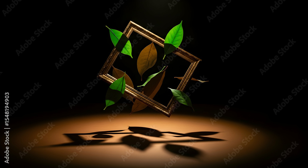 Obraz premium Nature Enclosed In Gold Frame with Dramatic Lighting and Dark Background