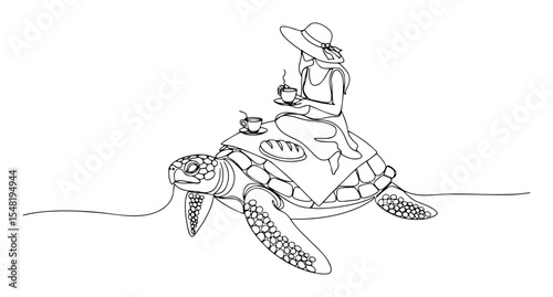woman having tea on giant turtle online vector black on transparent background