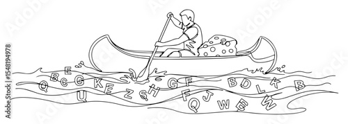 boy paddling canoe through alphabet soup monoline vector laser cutting engraving