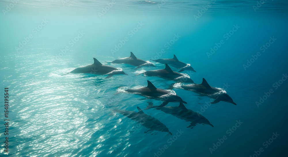 Fototapeta premium Dolphins Swim Gracefully In Clear Blue Waters Of Tropical Sea