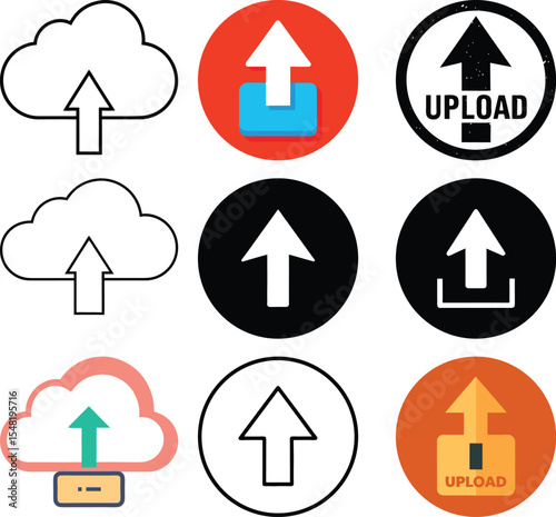Cloud Upload Icon Collection: A versatile assortment of vector upload icons, symbolizing data transfer and cloud computing, presented with a variety of styles and colors, conveying digital innovation.