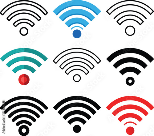 Wi-Fi Signals Set: A collection of graphic icons representing Wi-Fi signals, in various color, shape, and signal strength, showcasing the possibilities of connectivity and wireless communication.