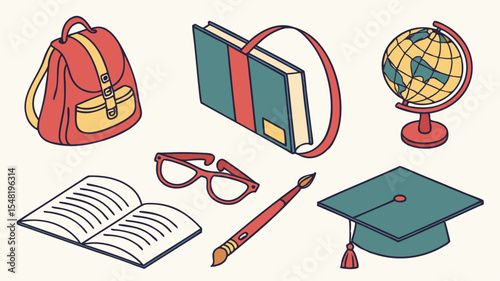 Essential Study Set: A neatly arranged collection of educational tools essential for a successful learning journey, including books, glasses, and a globe, and hat representing education.