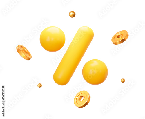 3d yellow percent with flying gold chinese coins and balls. Stock vector illustration on isolated background.