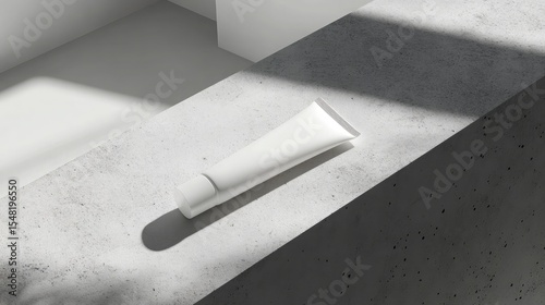 White tube of moisturizing cream resting diagonally on a clean stone surface