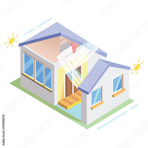 Isometric house illustration with sunlight shining through the roof and clear blue sky background