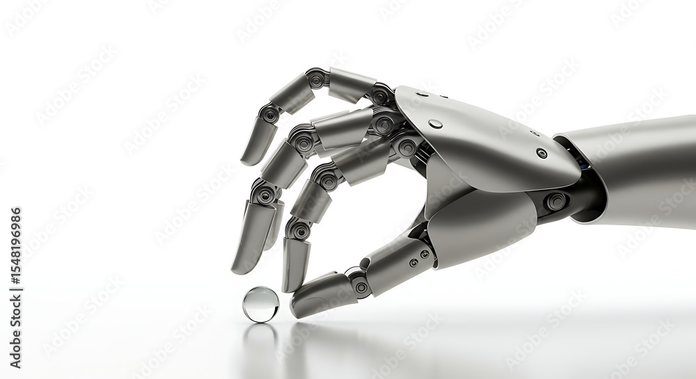 Fototapeta premium Robotic hand delicately manipulating a small sphere on white background
