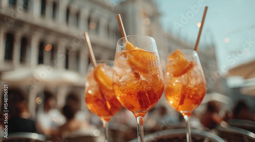 Aperol spritz glasses raised mid-air with European caf background defocused