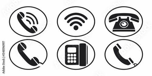 Communication Icons Set: A collection of six distinct communication icons, including a smartphone, landline phone, rotary phone, and wifi symbols, elegantly arranged against a stark white backdrop.