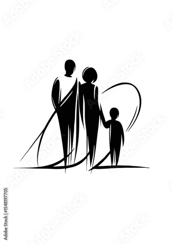 Vector black and white family logo with man, woman, and child in minimalist line style

