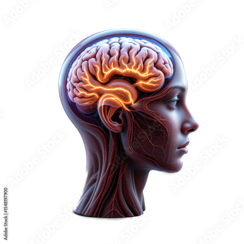 Anatomical Illustration of Human Brain with Veins and Nerve Structures Highlighted in a Side Profile View