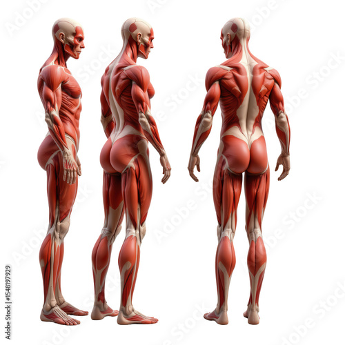 Anatomical Model of Human Musculature Displaying Front, Side, and Back Views with Exposed Muscle Anatomy