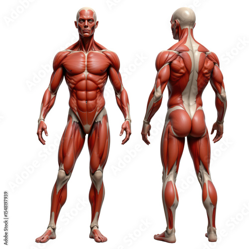 Highly Detailed Anatomical Male Figure Showing Muscles in Front and Back View for Medical and Educational Use