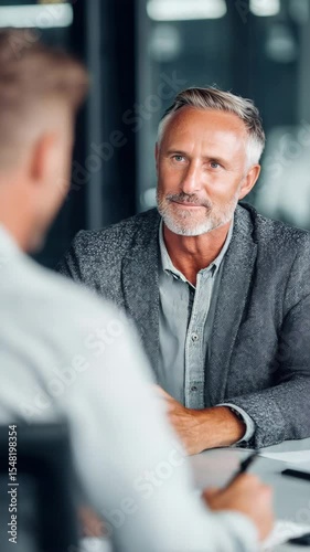 A senior businessman smiles during a business meeting with a colleague.
