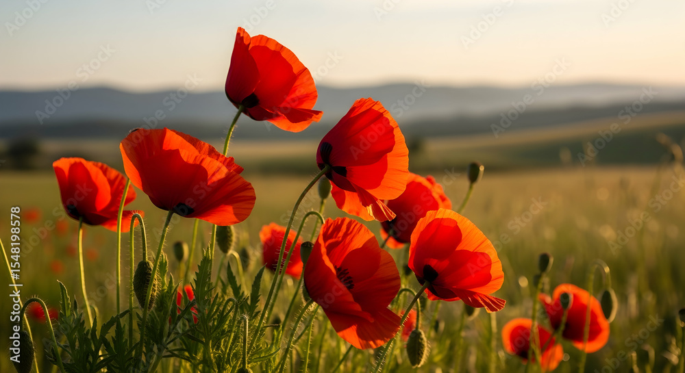 Obraz premium Radiant Red Poppies Embracing A Field Under Gentle Sunlight Warmth