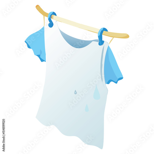 Drying clothes illustration on clothesline with blue and white shirt hanging for laundry day design