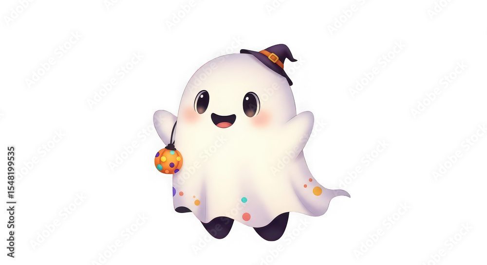 Obraz premium Cute cartoon ghost with hat isolated on transparent background