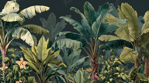 tropical plants banana trees wallpaper design dark bacground vintage wallpaper jungle background mural art. .