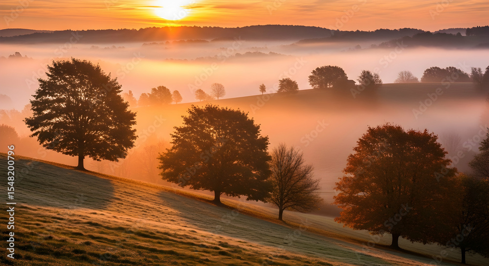 Fototapeta premium Misty Sunrise Painting Landscape With Trees On Rolling Hills