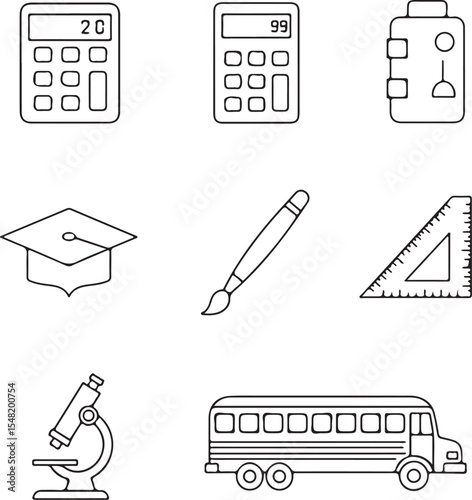 Education Icons: School Supplies, Tools & Transportation