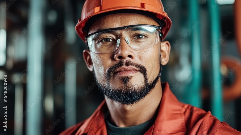 Obraz premium A focused worker wearing safety goggles and helmet looks into the camera with an expression of confidence, emphasizing safety, professionalism, and pride in skilled labor and teamwork.