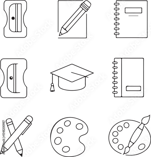 Education Icons: Pencil, Sharpener, Notebook, Graduation Cap, Art Palette, Learning Supplies, School Stationery