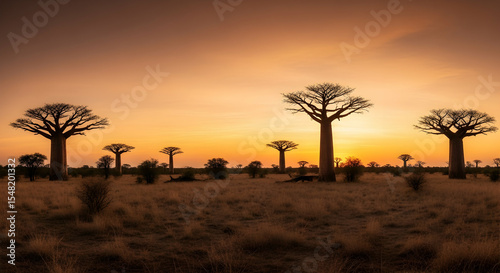 Baobab Trees Silhouette at Glorious Sunrise in African Landscape