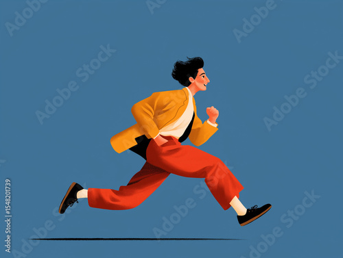 Running Man in Yellow Jacket: A stylized illustration of a man in a yellow jacket and red pants running dynamically against a blue background, conveying a sense of urgency and forward momentum.