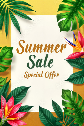 Lush tropical poster featuring vibrant green leaves and exotic flowers against a golden backdrop, promoting a luxurious summer sale concept.