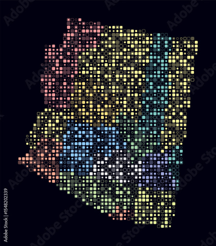 Arizona, shape of the state build of colored cells. Digital style map of the Arizona on dark background. Small size rounded square blocks. Classy vector illustration.