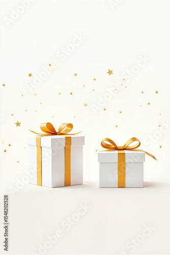 Minimalistic holiday poster featuring elegant white gift boxes with golden ribbons and sparkles on a soft white background, celebration concept.