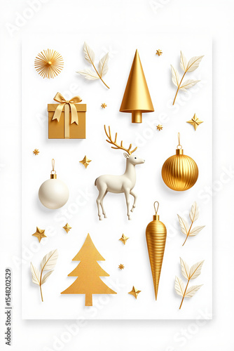 Minimalist Christmas decoration illustration featuring golden and white ornaments, gift box, and reindeer, festive elegance and celebration concept.