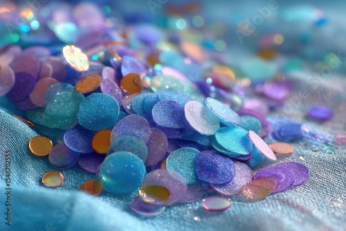 Bright blue confetti sparkles atop a colorful birthday napkin in a cheerful celebration atmosphere