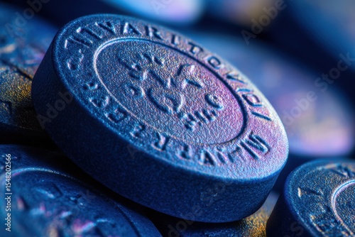 Close-up exploration of a vibrant blue pill capturing intricate embossed details and textures