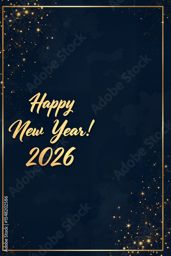 Sophisticated New Year 2026 poster with golden typography on a dark navy background, festive celebration concept.
