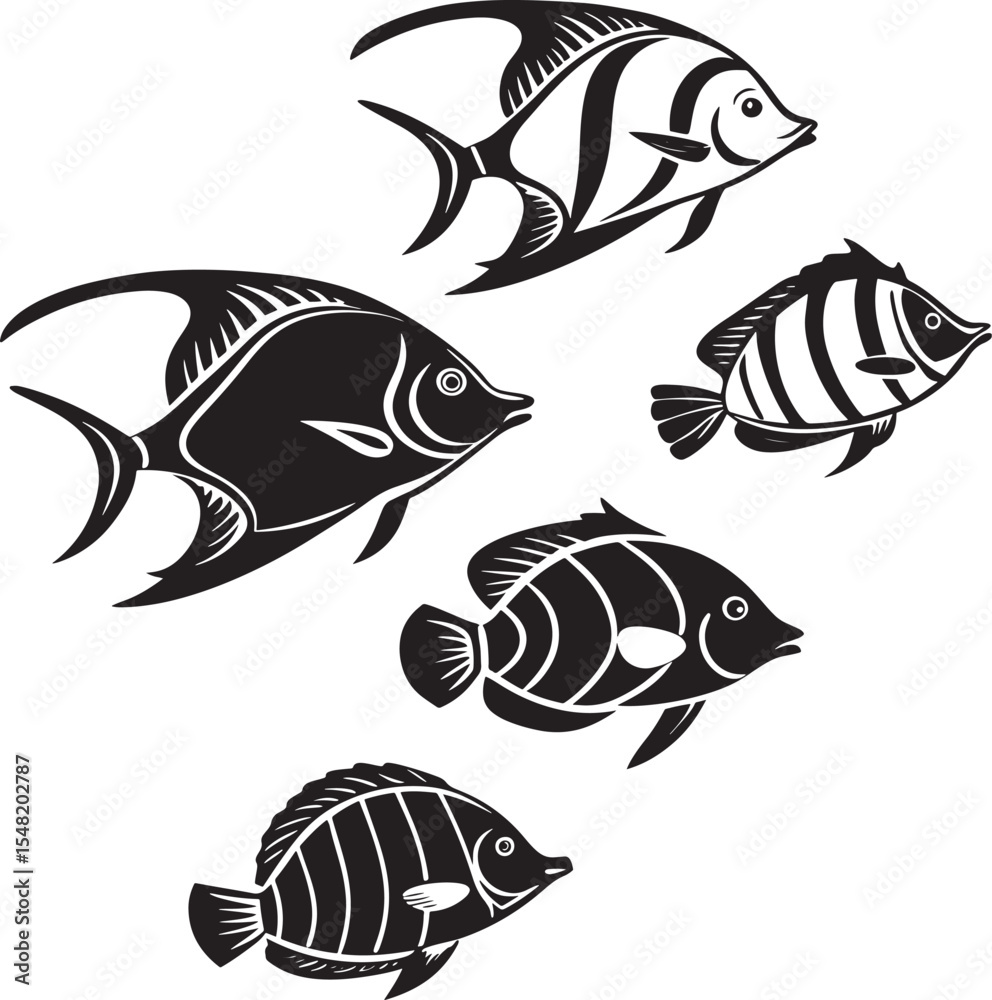 Fototapeta premium Black and White Fish Illustration Set Angelfish Moorish Idol