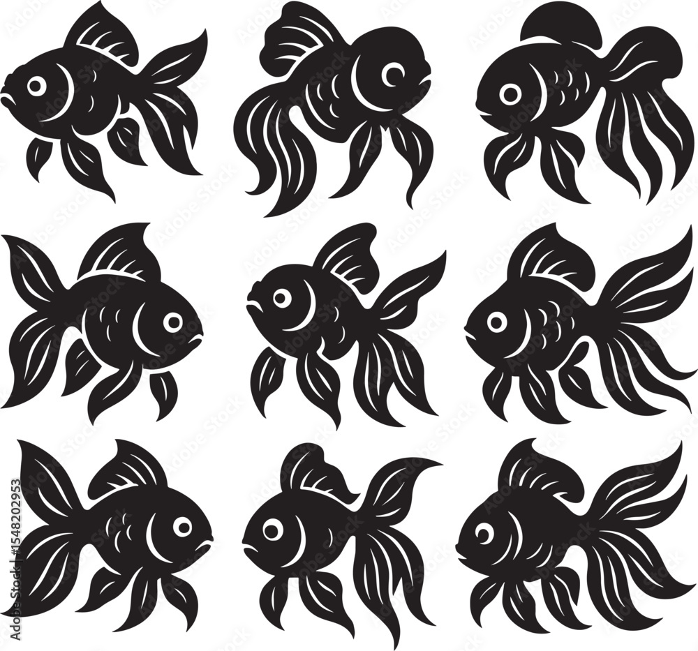 Fototapeta premium Nine Black Goldfish Stylized Silhouettes vector